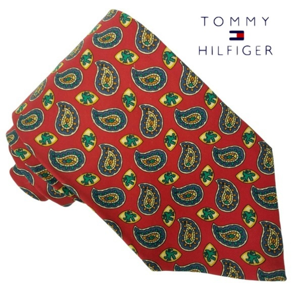 Tommy Hilfiger Tie Vintage 90's Silk Necktie Red Blue Paisley 56" Long Classic - Picture 1 of 4